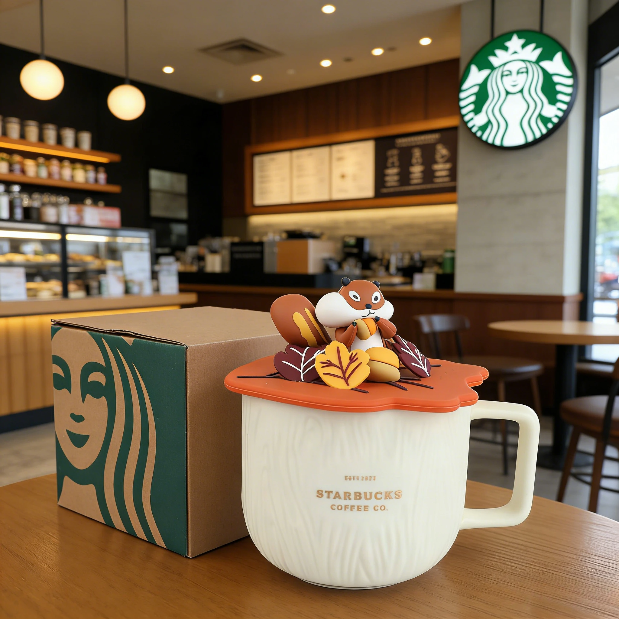 Caneca Starbucks 450ml Squirrel Forest com Estampa de Madeira, Cerâmica de Grau Alimentício, Resistente ao Calor com Tampa de Silicone, Presente de Outono