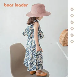 Bear Leader Girls Netflix Tops Wide-legged Pants Set Summer 2025 New Fashion Temperament Retro Floral Two-piece Girls Clothing