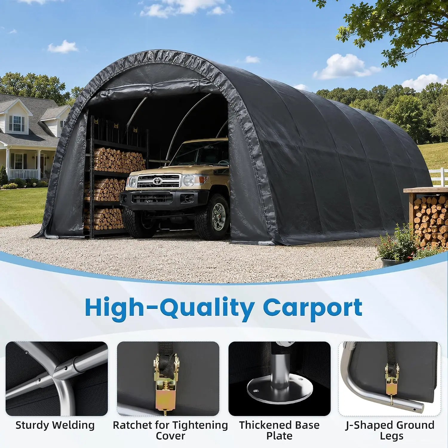 12x24 FT Heavy Duty Carport Canopy, Grey | All-Steel Portable Garage Tent with Round Style Roof, Outdoor Storage, Custom