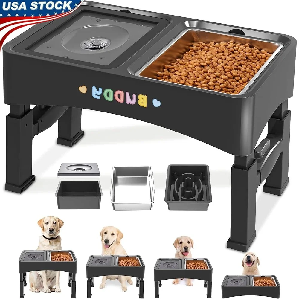 

3-in-1 Elevated Dog Bowls Adjustable Height Stainless Steel Slow Feeder No Spill Water Bowl Foldable Design Anti Vomiting