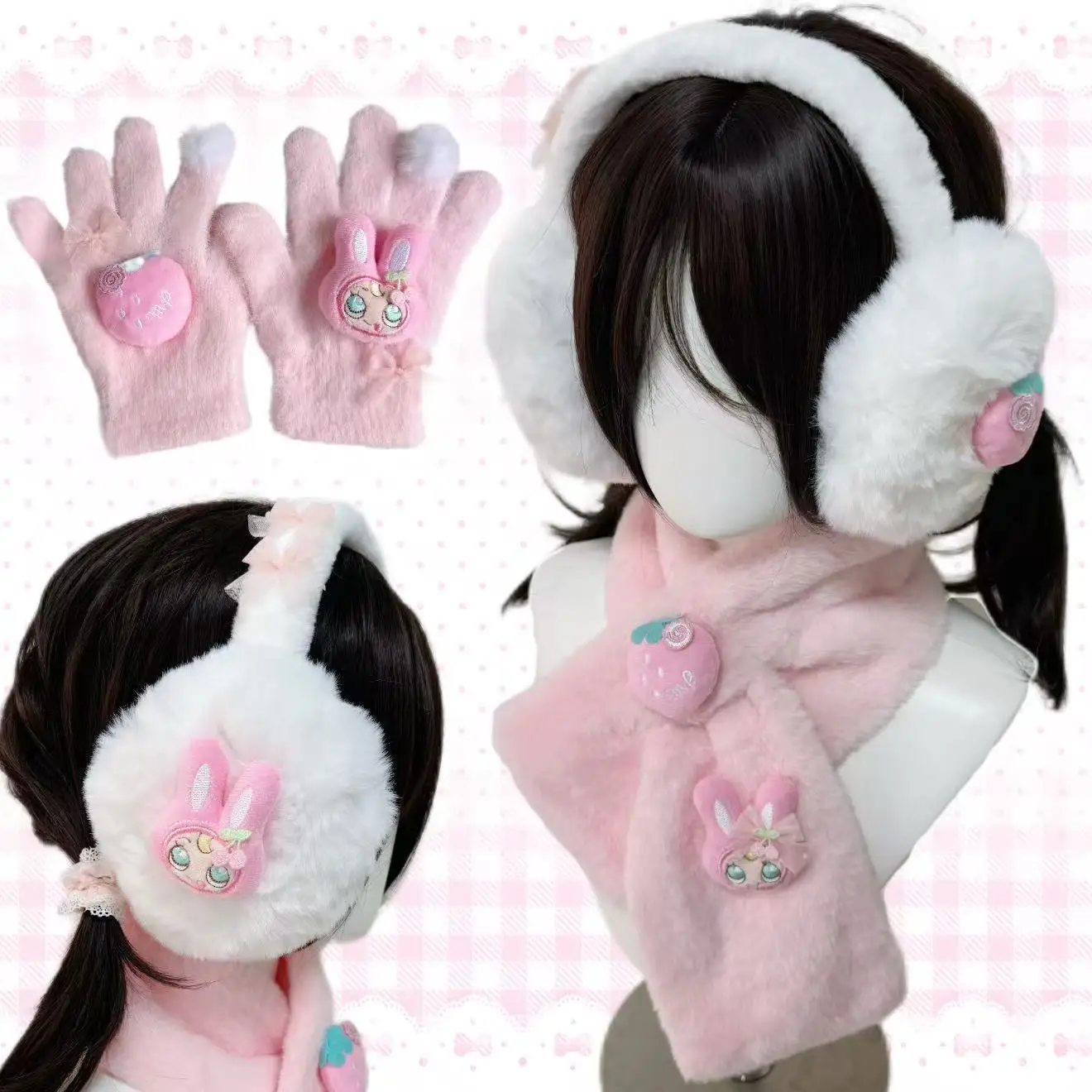 Japanese Cute Cartoon Mp Plush Ear Muffs Scarf Gloves Three-piece Set Y2k Accessories Winter New Sweet Girl Warm Suits