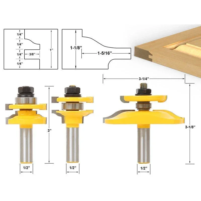 3 buah/Set 1/2 "12.7MM Shank pisau penggilingan ukiran kayu mengangkat Panel kabinet pintu Router Set Bevel pekerjaan kayu pemotong Tenon