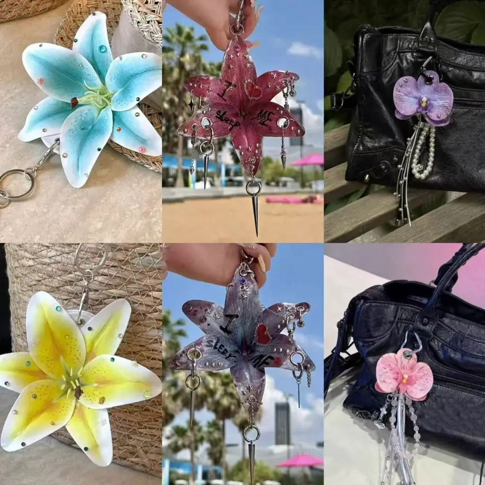 Phalaenopsis Orchid Lilium Brownii Flower Pendant Punk Rivet Colorful Rhinestone Keychain Handmade Hanger Bag Charm Bag Ornament