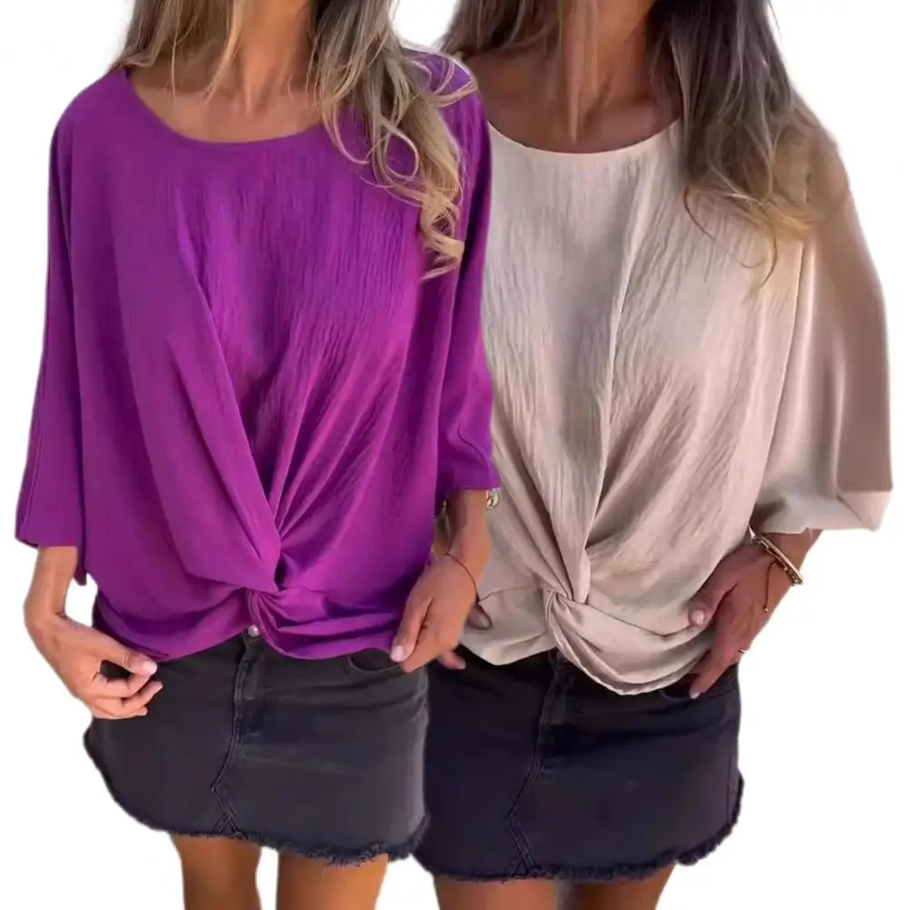 

Tee Stylish Twist Hem Summer T-shirts for Women Loose Fit Solid Color Tees with Long Sleeves Breathable Thin Fabric for Wear