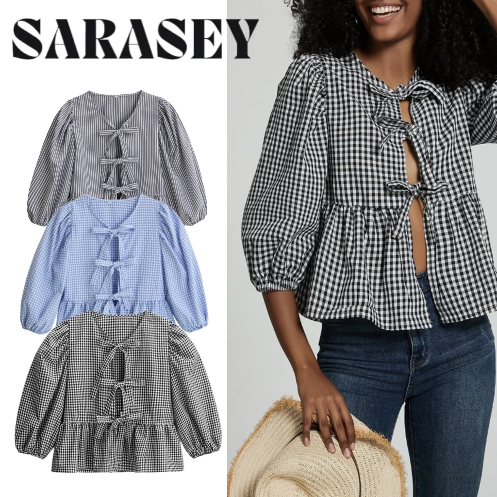 2025 Camisa de mujer, blusa de manga corta con cuello en V y estampado de burbujas a la moda, blusa holgada con dobladillo con volantes y lazo frontal