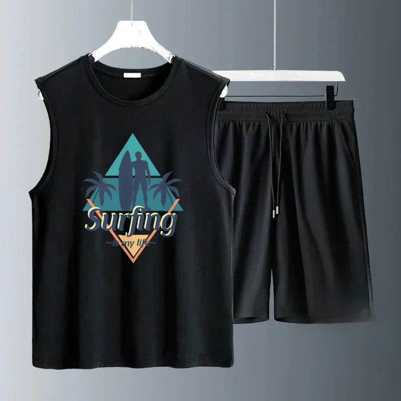 أطقم رجالية غير رسمية لعام 2025 بدلات أزرق ثلاثية الأبعاد مطبوعة بحروف صيفية بدون أكمام يوميًا قابلة للتنفس ومريحة وعصرية #2