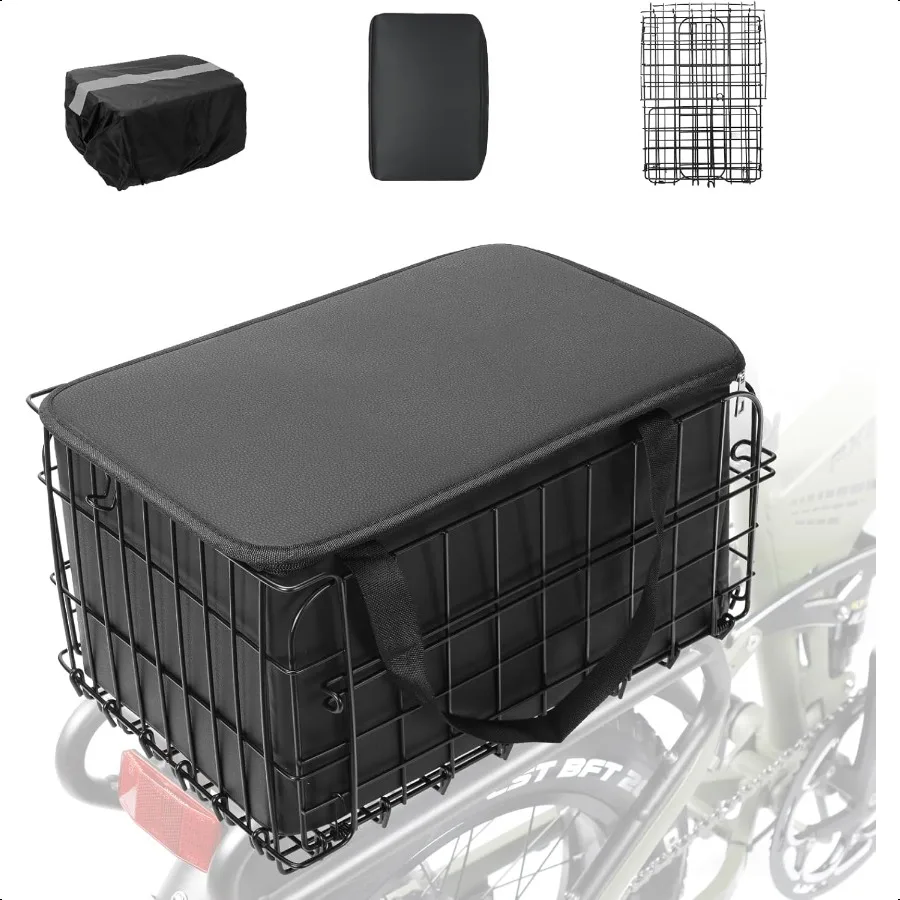 

Folding Bike Basket Metal Rear Bicycle Basket with PU Liner Bag and Waterproof Cover Quick Release Design Bicycle Frame Basket