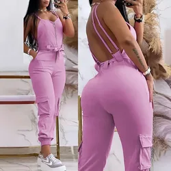 Zipper Pocket Design Backless Cuffed Jumpsuit Women Summer Rompers Sexy Y2k Pencil Pants Bocycon Streetwear Bodysuit Overalls