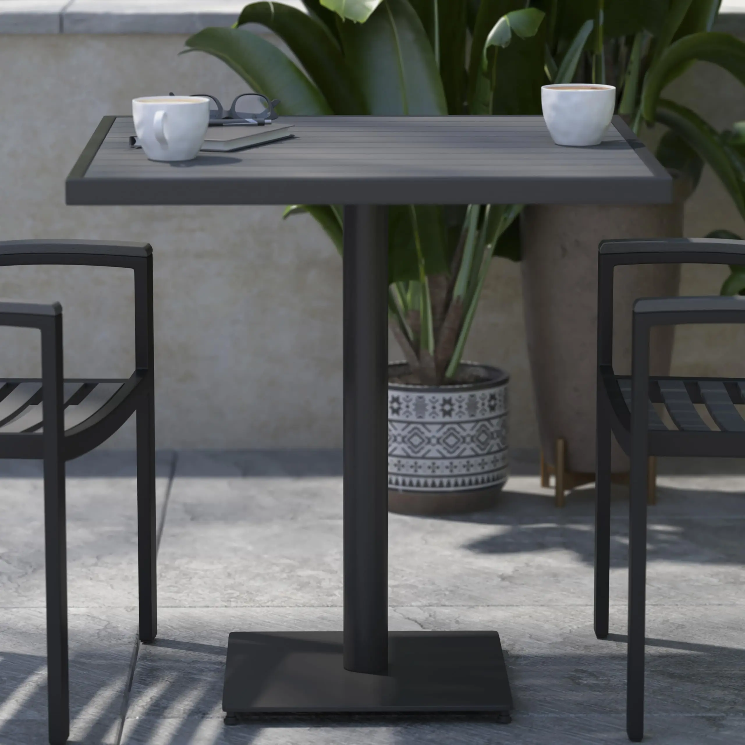 Commercial Outdoor Patio Bistro Dining Table - Faux Gray Wash Teak Poly Slats - 30