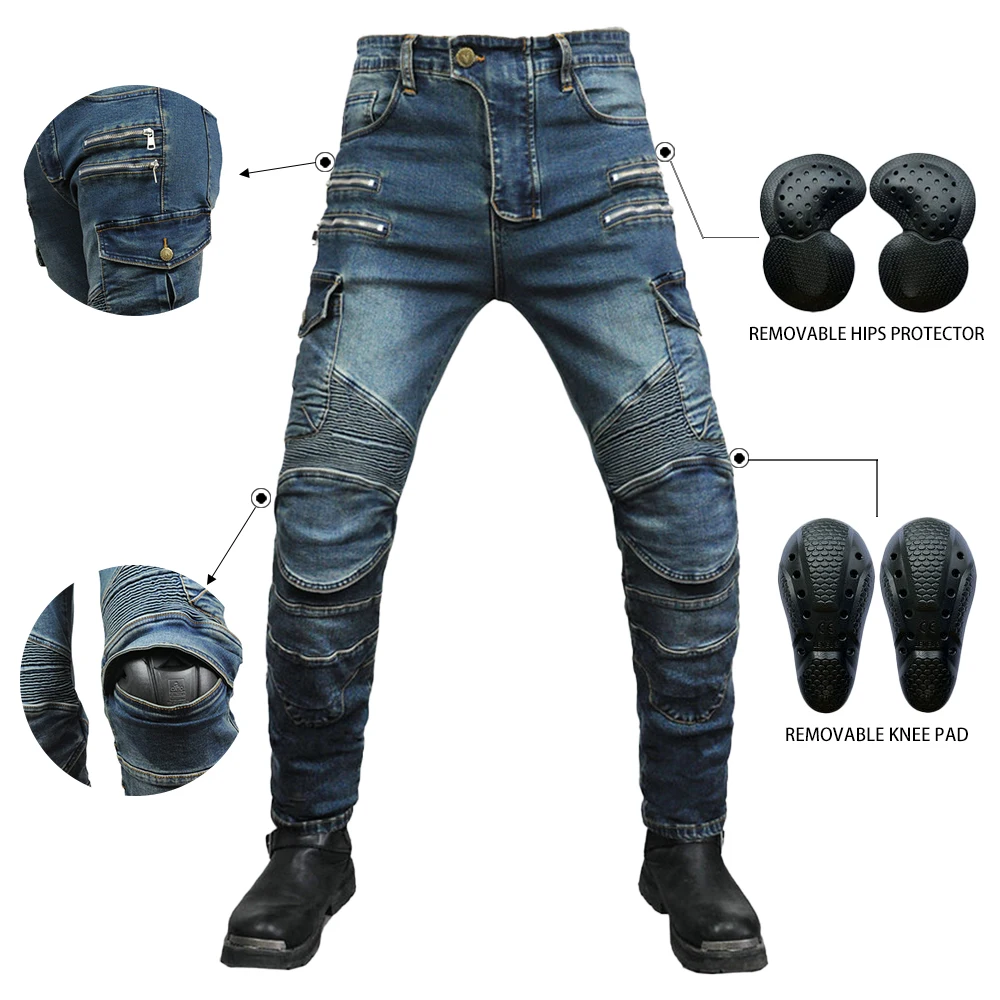 New Moto Jeans for Men Black Women Motocross Racing Trousers with 4 Knee Hip Protective Pads Motorcycle fou Seasons Riding Pants