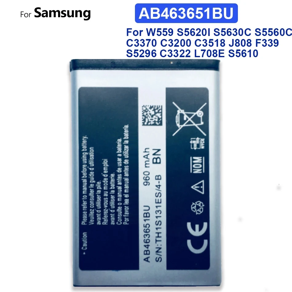 Battery For Samsung GT-C3060R/C3222/C3322/C3530/S5600/S5610/S7070/SGH-L700/L750/P220/P260 (AB463651BE/AB463651BU/AB463651BA)