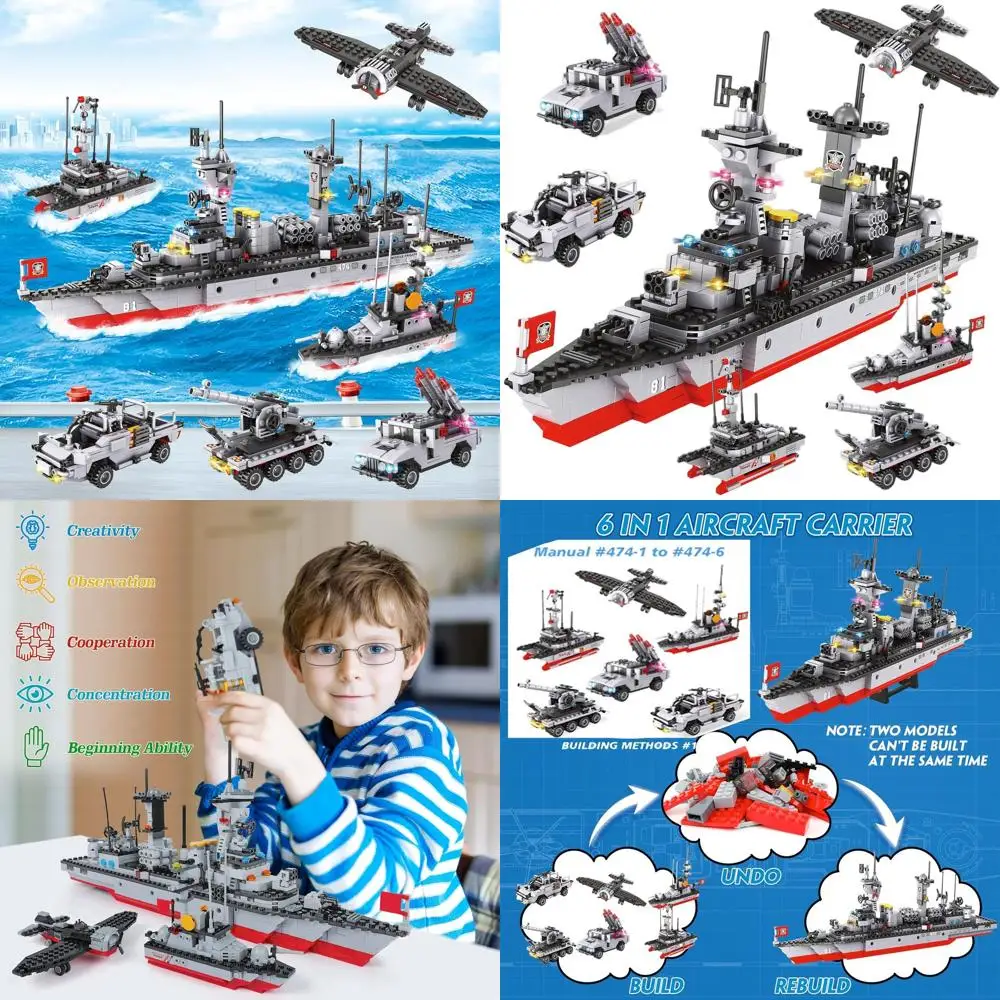 Set da costruzione portaerei 6 in 1 per città della polizia con veicoli militari per età 6-12 anni