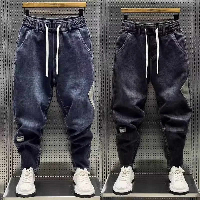 

Мужские джинсы-карроты большого размера из денима с эффектом пэчворк, свободного кроя, с отворотами, осенне-зимние, повседневные, в стиле Harlan