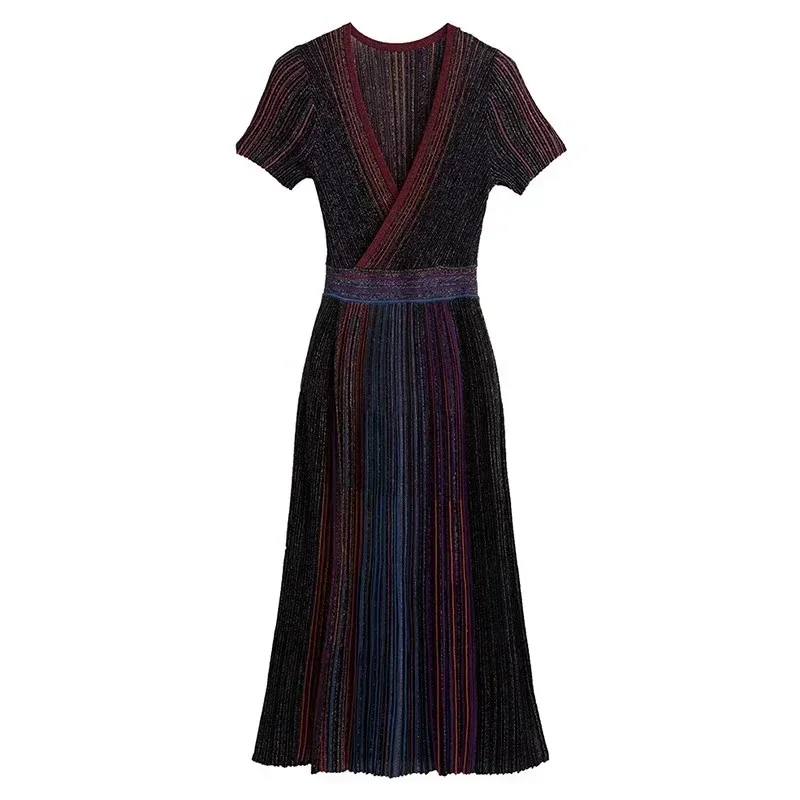 Rainbow Striped Dress V-neck Slim Fit Elegant Fine Gold Thread Maxi Evening Dress 2023 Luxurious Women\'s Sexy Pleated Dress