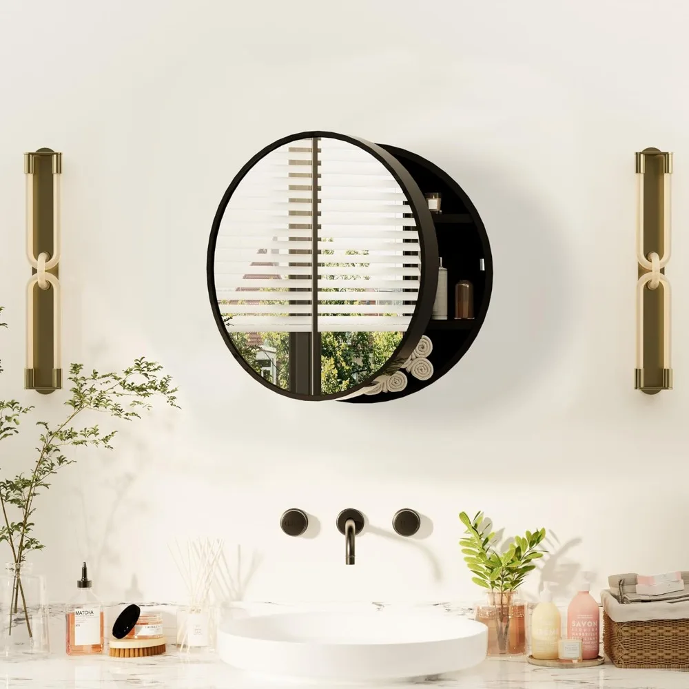 

Round Medicine Cabinet Mirror, Bathroom Mirror Wall Cabinet with Storage and Shelf, Surface Wall Mounted,Arched Cabinet Makeup