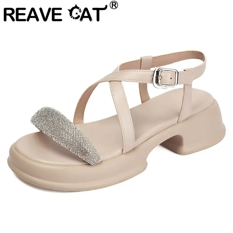 

REAVE CAT White Female Sandals Round Toe 4.2cm Thick Heels Buckle Strap Large Size 40 41 Handmade Soft Casual Daily Women Shoes