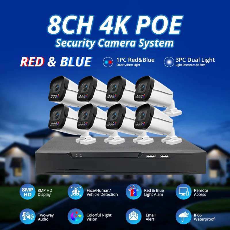 Professional Manufacture 8MP 8CH Two Way Audio Outdoor Home Poe Nvr Kit Red-Blue Light Alarm 4K NVR CCTV C·amera System Set