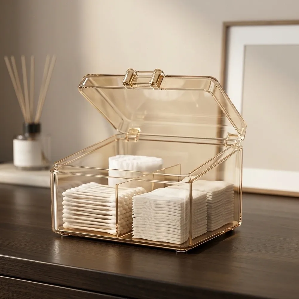 1Pcs Cotton Swab Organizer With Hinged Lid Dust Storage Box For Bathroom Vanity Q Tip Cotton Pad Small Sundry Household Desktop