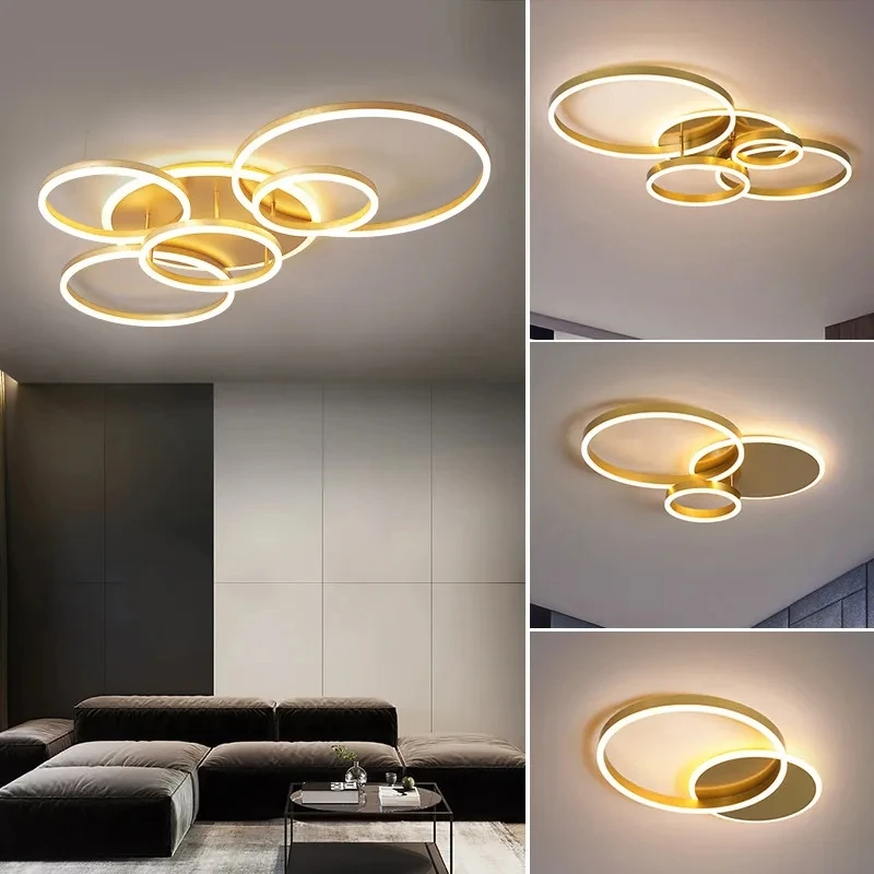 lustre de teto led moderno lampadas internas luminaria para salao sala de estar e quarto preto e dourado aneis 01