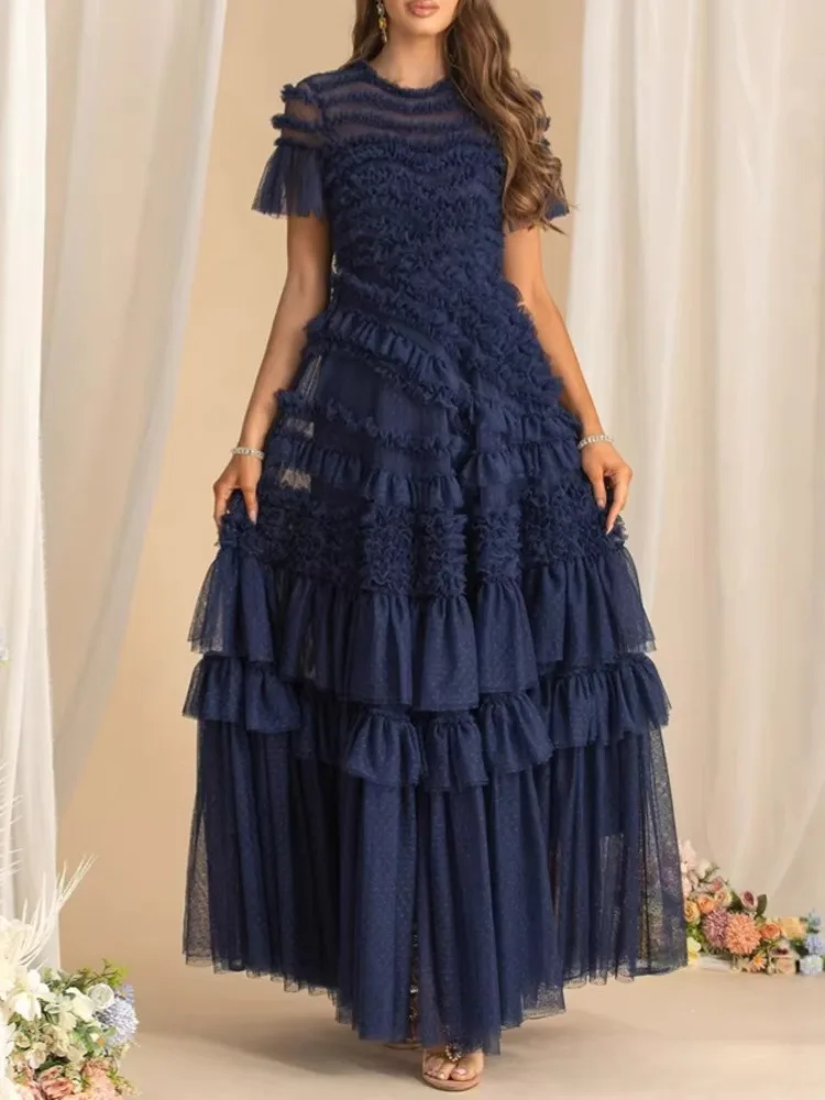 QMQA Fashion Women's Elegant Evening Dresses Round Neck Short Sleeve Spliced Ruffles Big Swing Banquet Dress 2026 New QM1138