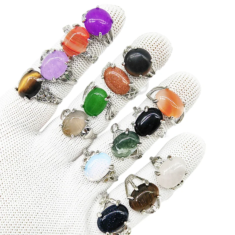 20/50pcs/Lot Wholesale Bohemia Mix Style Natural Stone Finger Rings for Women men Silver Color Party Jewelry Oval Agate Wedding