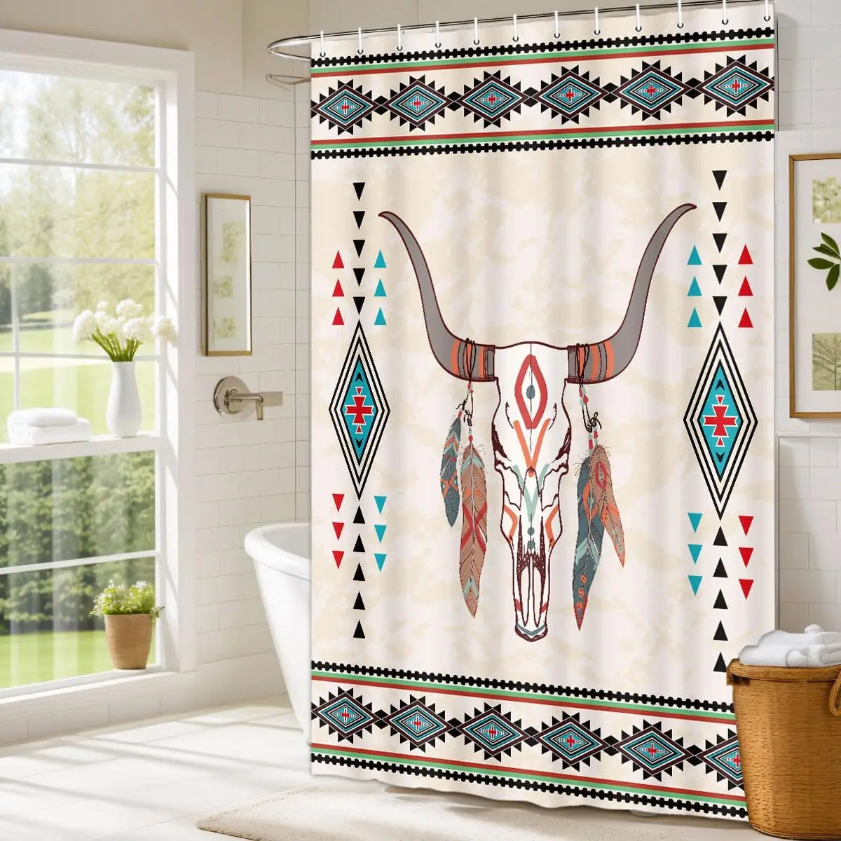 Western Boho Shower Curtain Bull Skull Aztec Native American Tribal Southwestern Shower Curtains Set Cattle Feathers Geometry