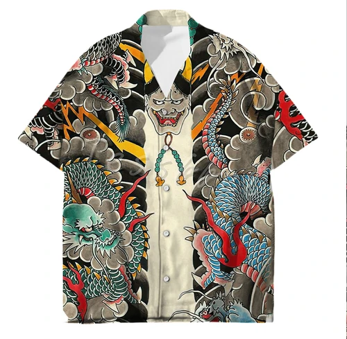 Tessffel Samurai tatuaje japonés 3D impreso camisa hawaiana de los hombres camisa de playa moda verano Harajuku Casual ropa de calle de gran tamaño