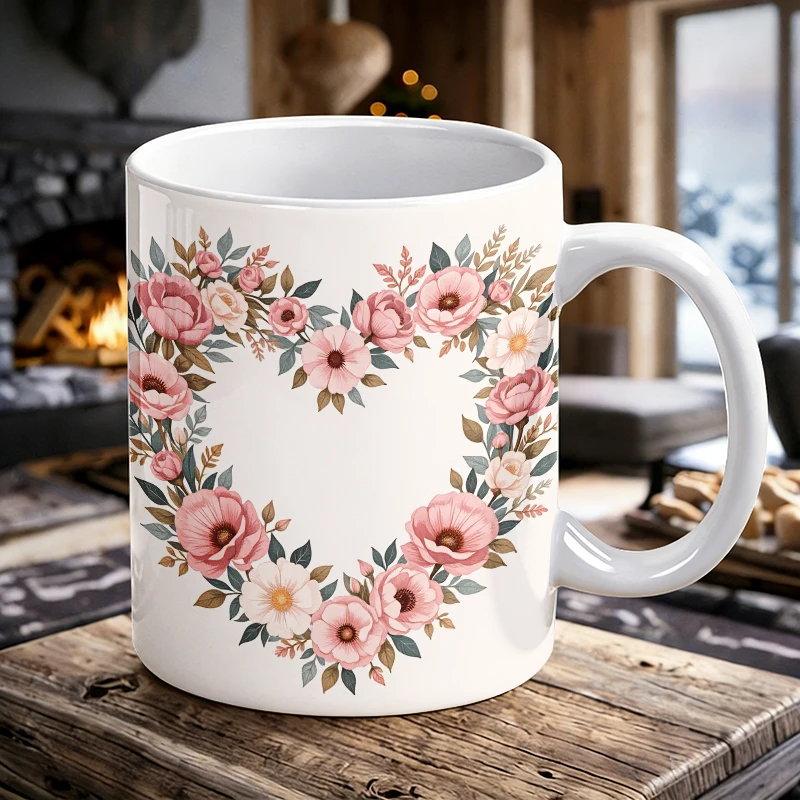 

watercolor powder peony / rose heart wreath ceramic cup with handle, creative coffee cup, milk cup, office tea cup, drinking cup