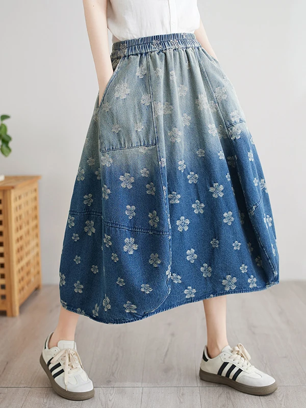 

Джинсовая юбка с вышивкой и завышенной талией, летняя повседневная женская юбка трапециевидной формы из смеси хлопка больших размеров