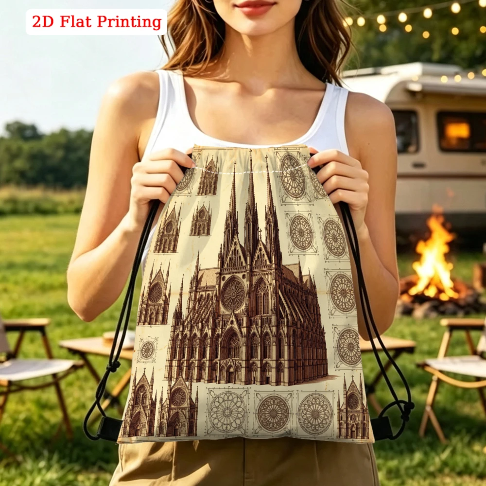 Vintage Gothic Cathedral Print, Drawstring Backpack, 2D Flat Printing Architectural Pattern, Gym Sports Bag, Outdoor Travel Cinc