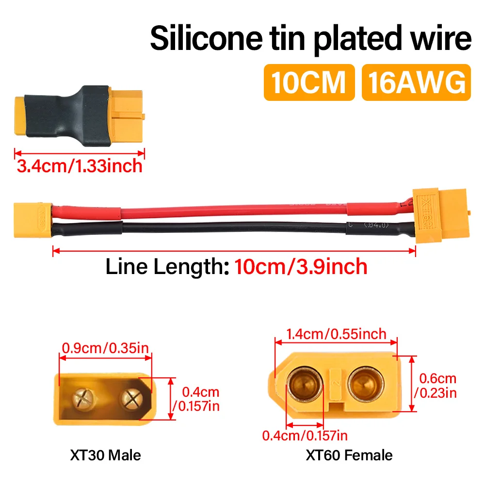 XT30 to XT60 Plug Male/Female Connector Adapter with 10CM 16AWG Silicone Wire Cable For RC Lipo Battery FPV Drone Car Boat Parts