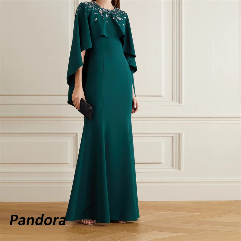 

Pandora Dark Green Floor-length Evening Gown O Neck Beaded Long Cape Sleeves Mermaid Women's wedding Banquet Party Dress