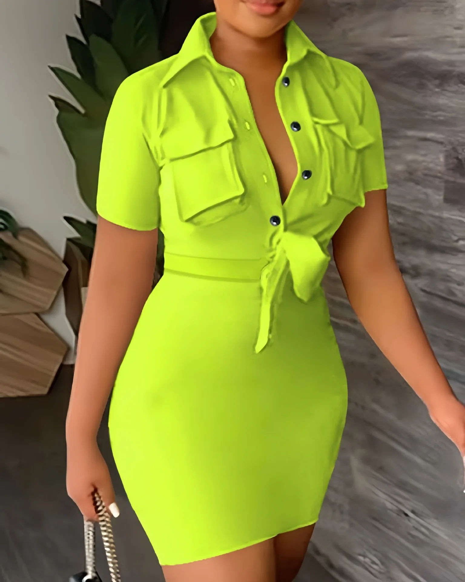 

Women's Dresses 2023 Summer Fashion Solid Color Lapel Short Sleeve Casual Pocket Design Tied Detail Mini Shirt Package Hip Dress