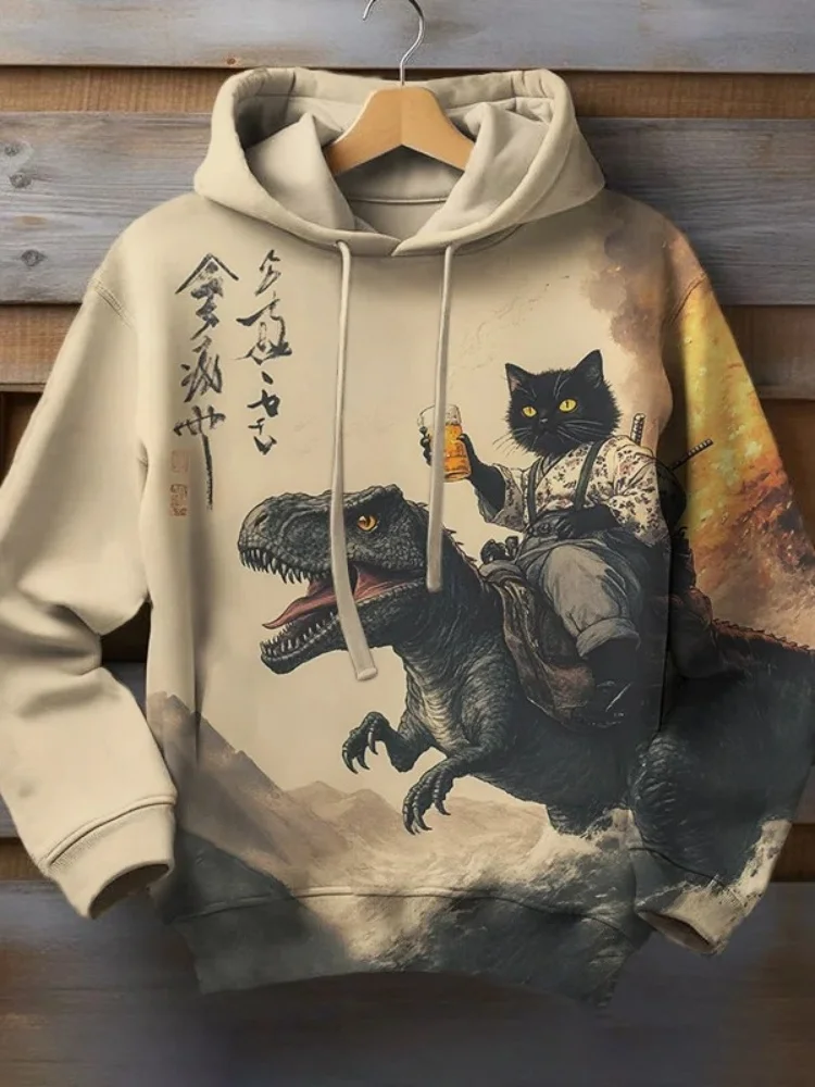 Autumn American Style Pullovers 2025 Chic Long Sleeve Tunics Men's Black Cat Samurai Dinosaur Sea Wave Art Print Casual Hoodie
