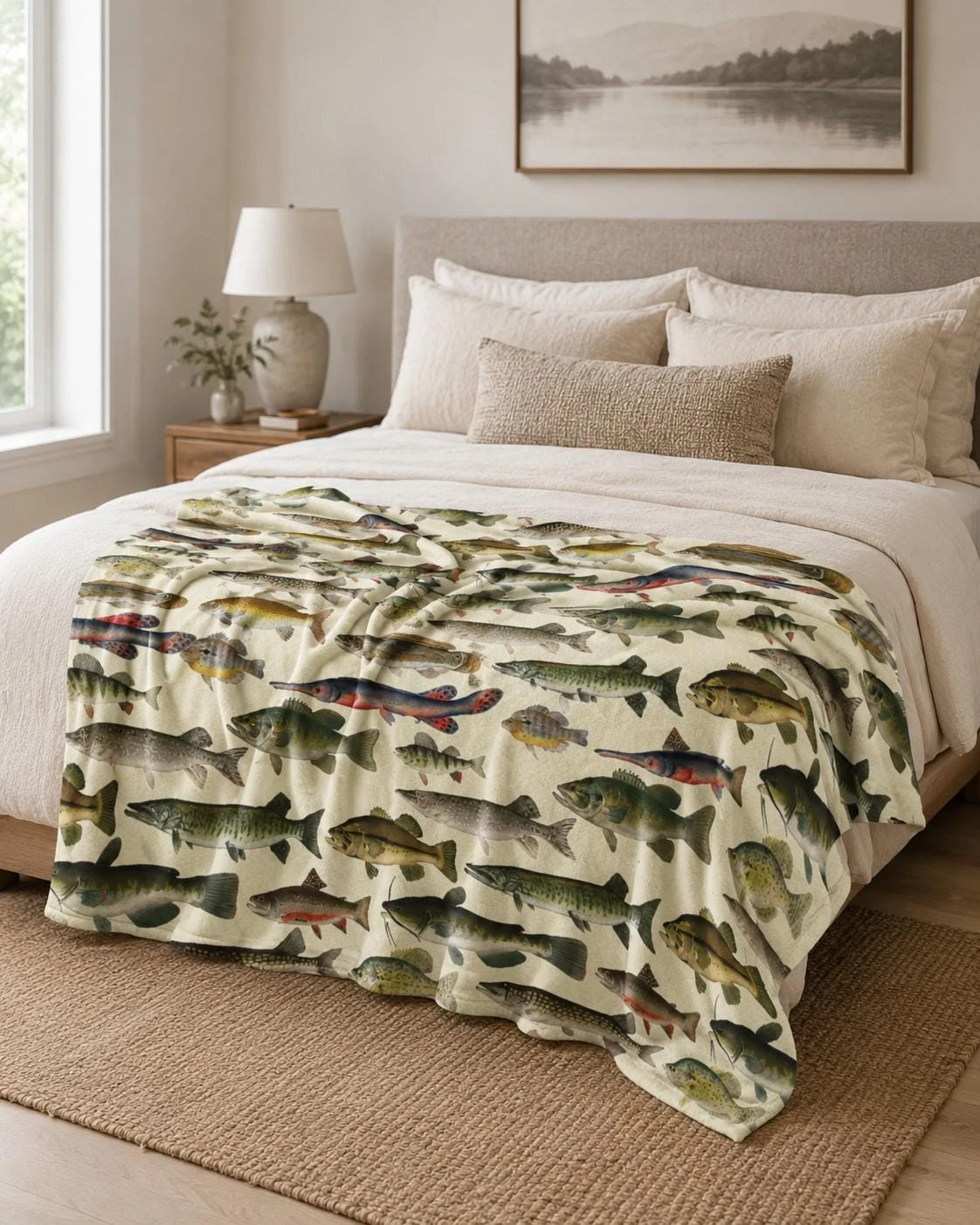 Vintage Freshwater Trout Fish Fleece Blanket Single Sided 2D Print Plush Cozy Fabric for Sofa Bed Cabin Rest Rustic Outdoor Vibe