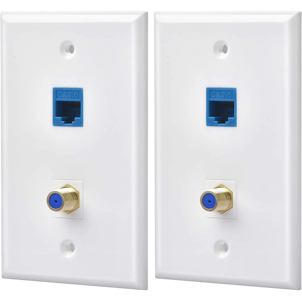 2 Packs Ethernet Coax Wall Plate Outlet with 1 Cat6 Port and 1 Gold-Plated Coax F Type Port RJ45 Wall Plates