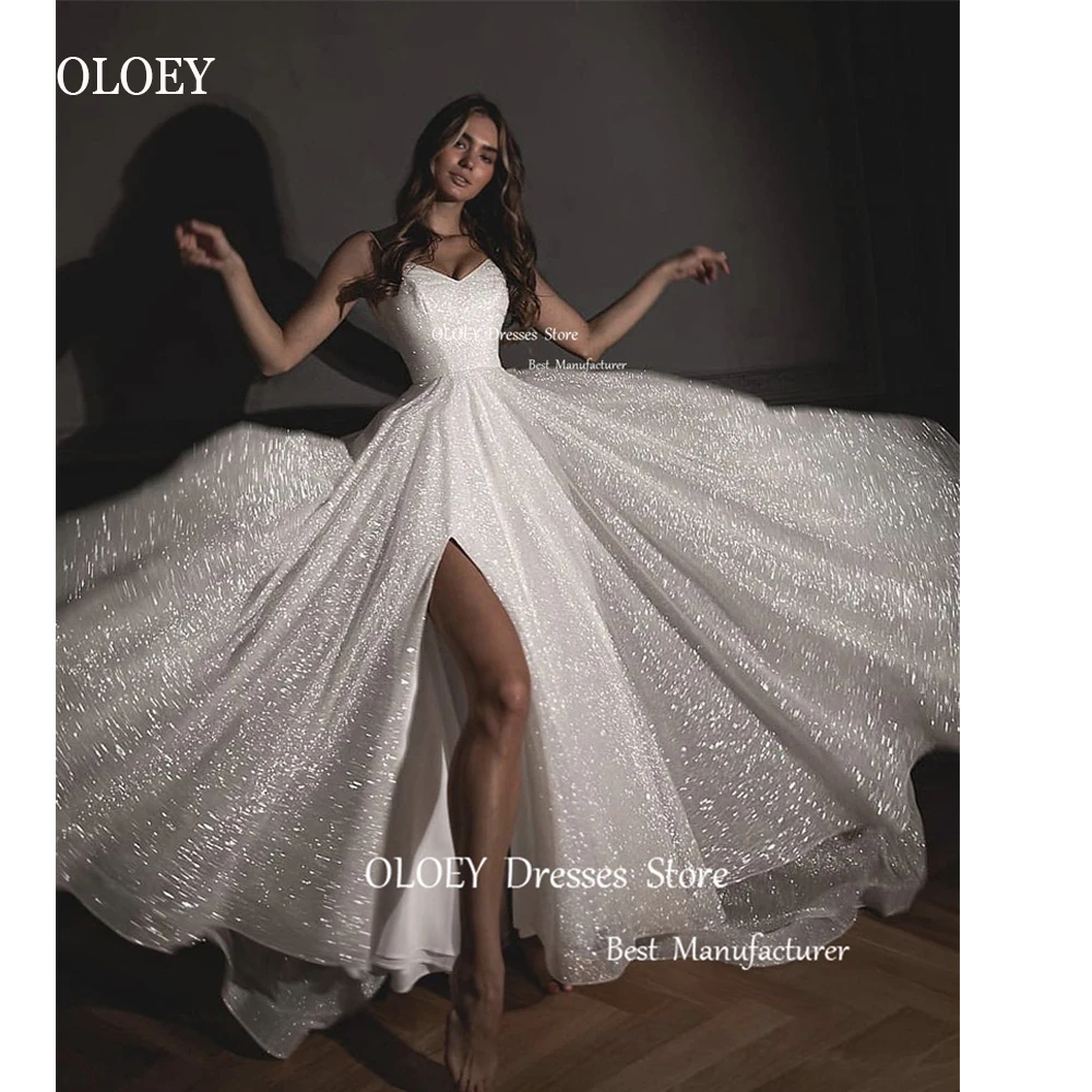 

OLOEY Sparkly A Line Wedding Dresses Spaghetti Straps Split Floor Length Glitter Shiny Bridal Gowns Robe de mariage Formal Dress