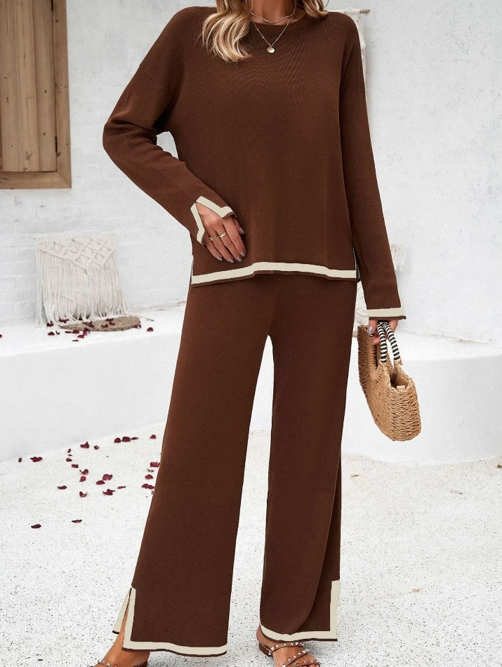 

Women's Casual Urban Suits 2024 Autumn Winter Latest Temperament Round Neck Solid Color Knitted Long Sleeved Slit Woolen Suit