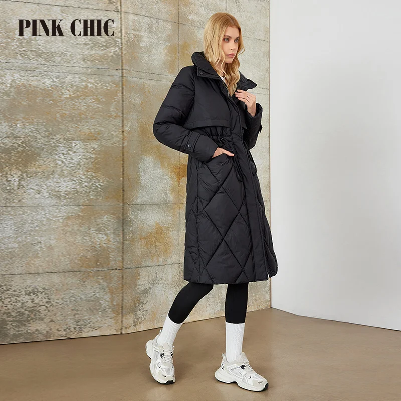 PINK CHIC 2023 New Winter Coat Women Down Jackets High Quality Rhombic Warm Lace up Hooded Long version Female Parka W6553