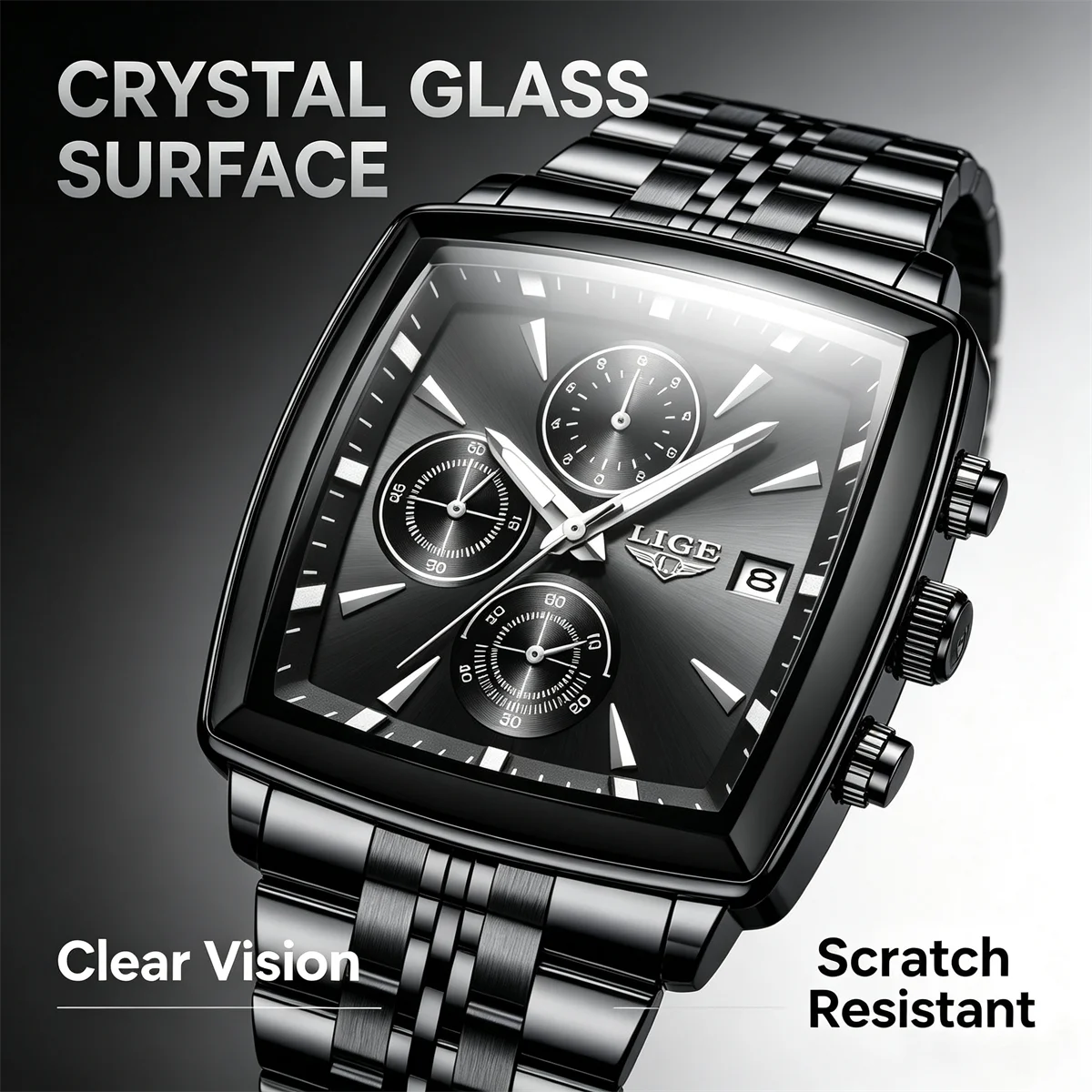 LIGE Luxury Square Dial Men Quartz Wristwatch Fashion Stainless Steel Man Business Watches With Calendar Reloj Hombre Box