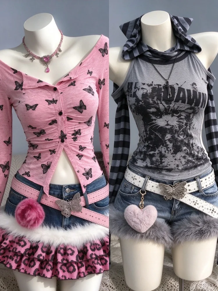 Retro Harajuku Women 2 Piece Matching Outfit Vintage T Shirt And Mini Skirt Y2K Punk Gothic Subculture Trendy Street Suits