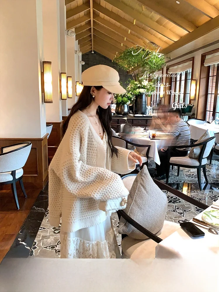 

Acaine Women's Loose Knitted Cardigan Pure Color Hollow out Design Autumn Outerwear Sli Slimming Effect Casual Loose Fit