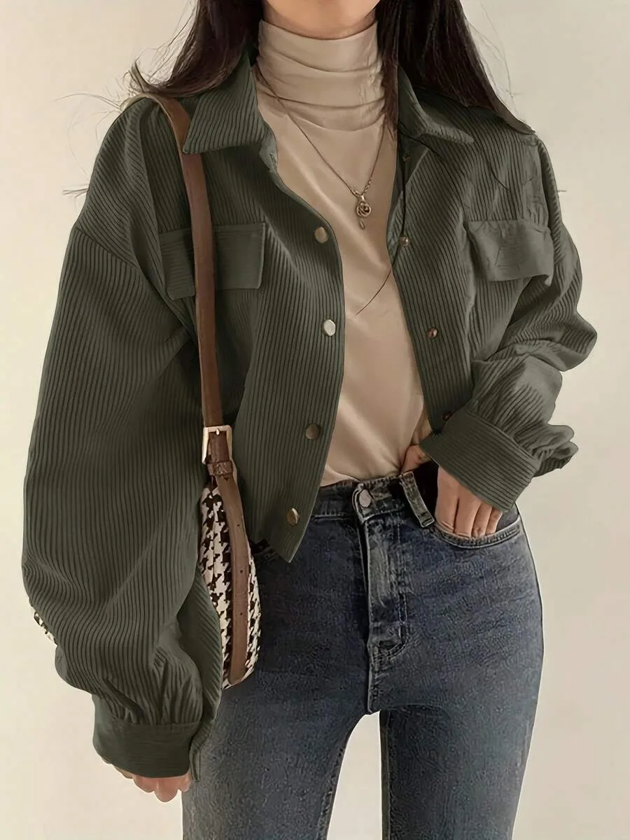 Retro Corduroy Jacket Solid Color Simple Loose Autumn Winter Commuting Style Long Sleeved Single Breasted Lapel Women's Clothing