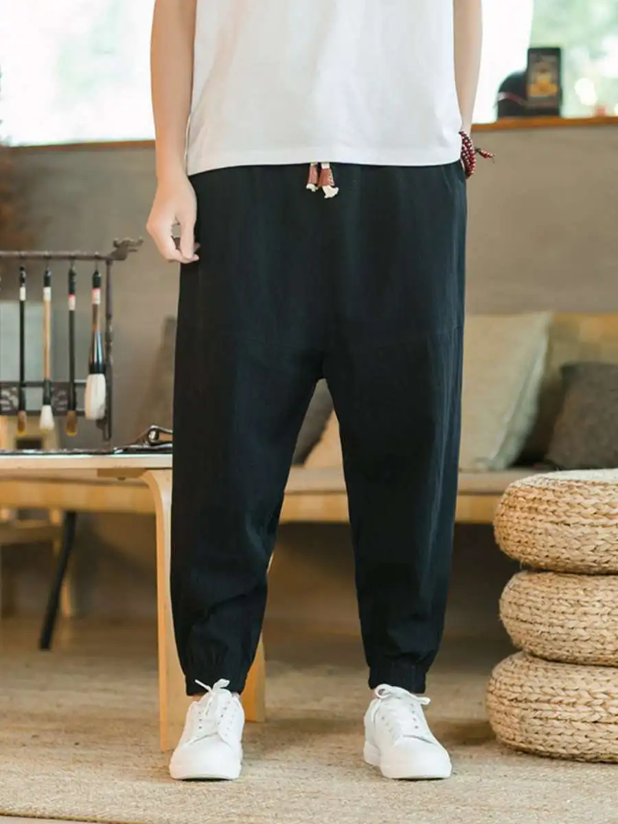 

Loose Cotton Linen Men's Summer Sport Pants High Waist Pure Color Nine Points Trousers Slim Fit Casual Loose Trousers