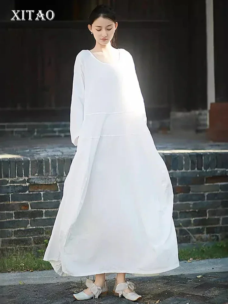 

XITAO Casual Loose Solid Color O-neck Vintage Dress Long Sleeves Patchwork Spring Pullover Long Literature Women Dress ZYY1043