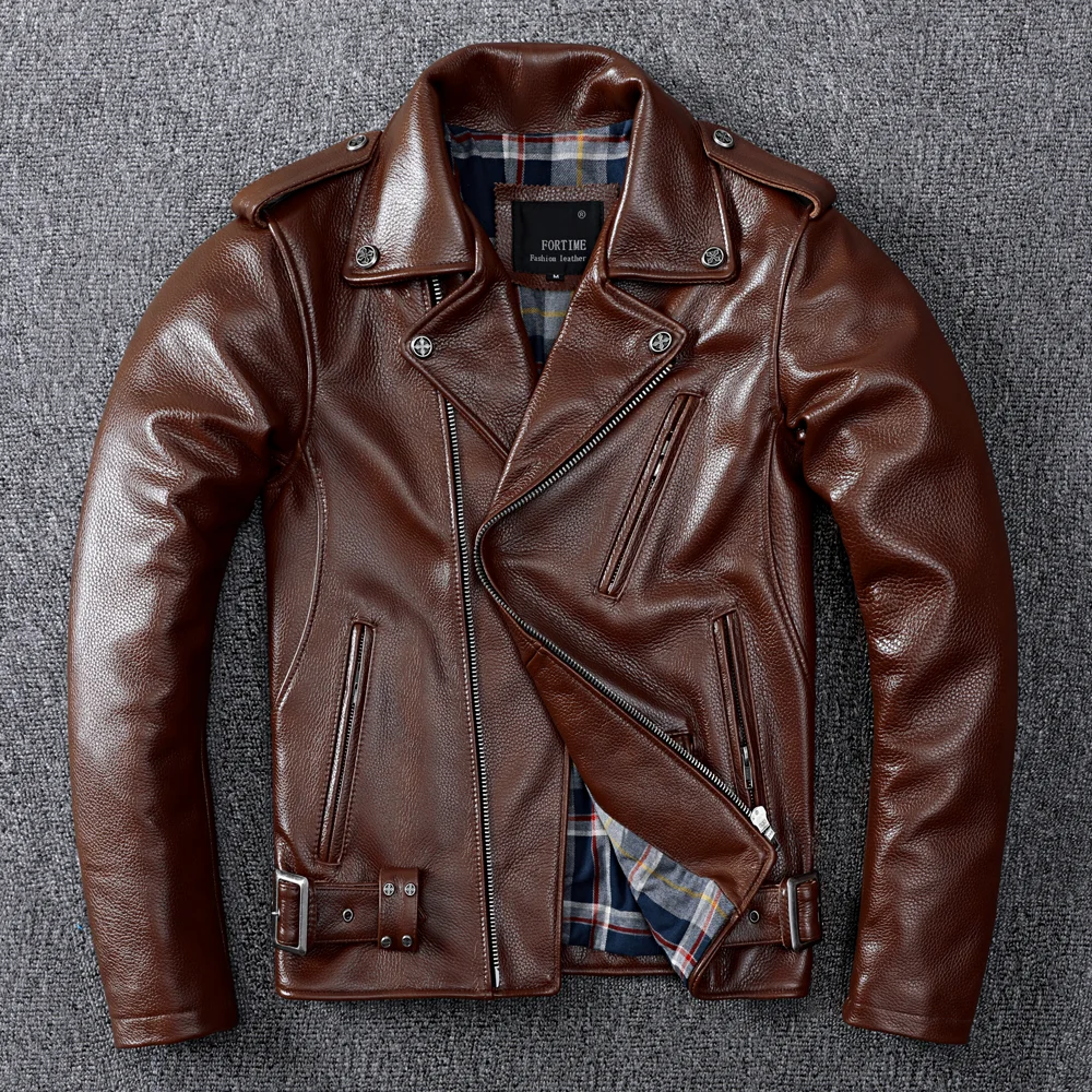 Guy Heavy Motorcycle First Layer Thick Cowhide Real Leather Clothes Men's Short Amekaji Wear Lapel Leather Jacket Coat