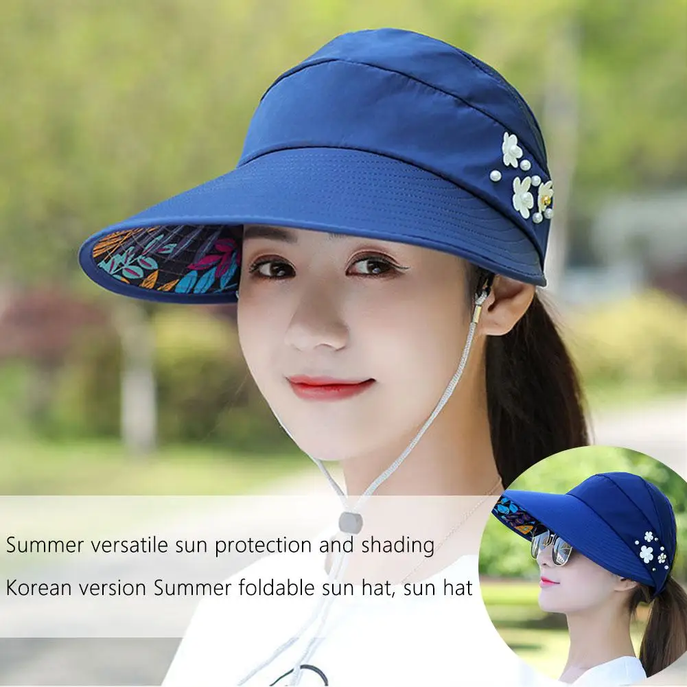 Women's Wide Eaves Summer Hat Sunshade Adjustable With Top Protection Empty Sun Collapsible Rope Sun With Hat Windproof T3R8