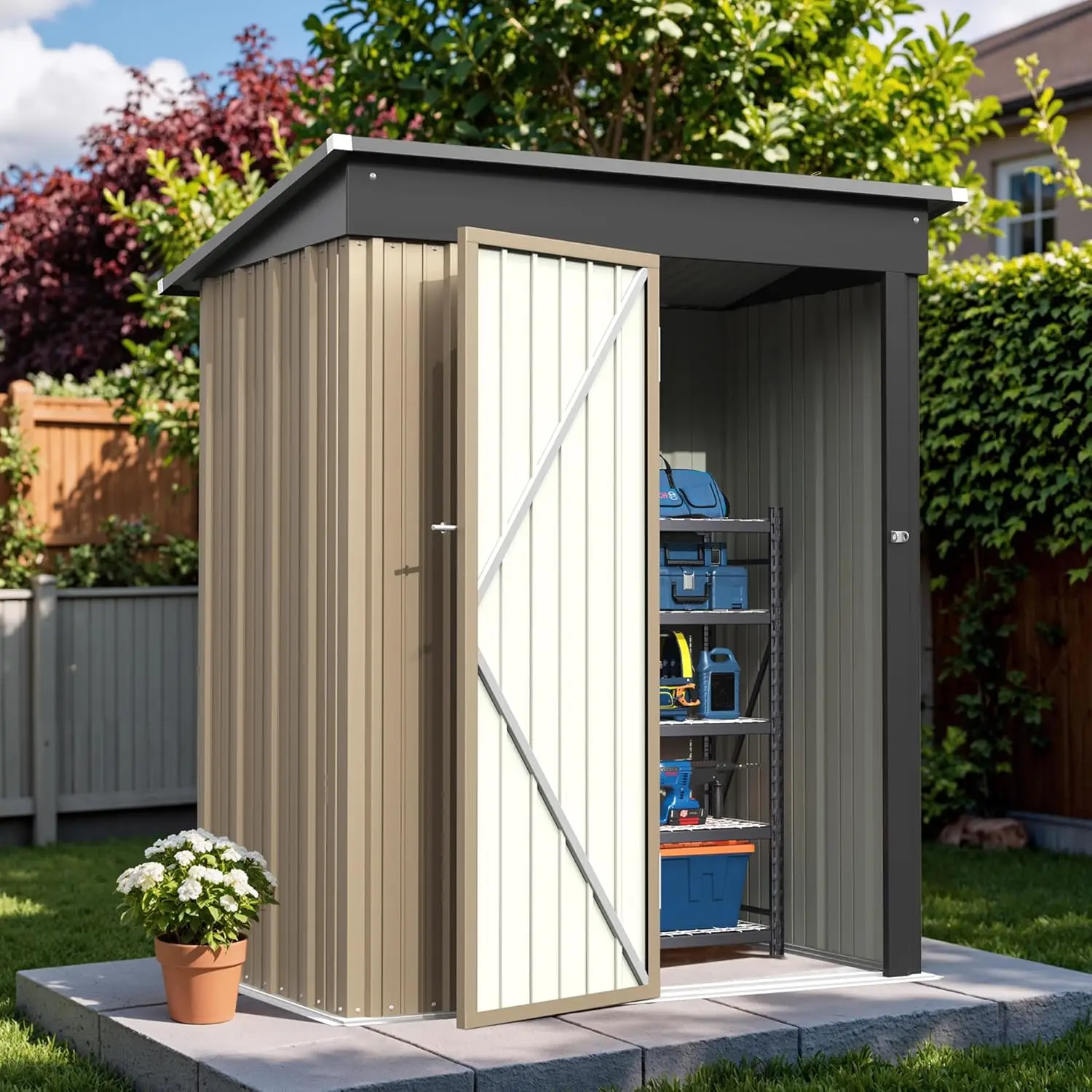 

Outdoor Storage Shed with Door and Lock, Utility Tool, Metal Storage, Garden Shed, Brown, Customized, 5x3 ft