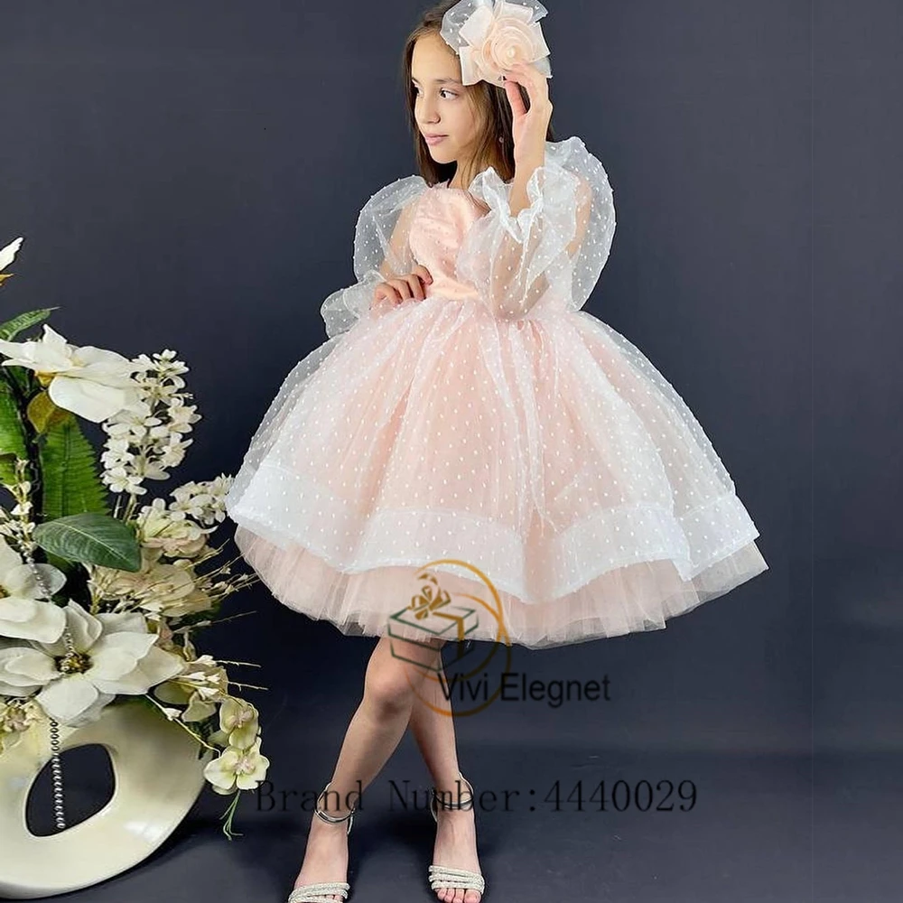 Mint Green Scoop Full Sleeve Flower Girl Dresses with Soft Tulle Tutu Wedding Party Gowns Knee Length 2023 Summer فساتين اطفال ل