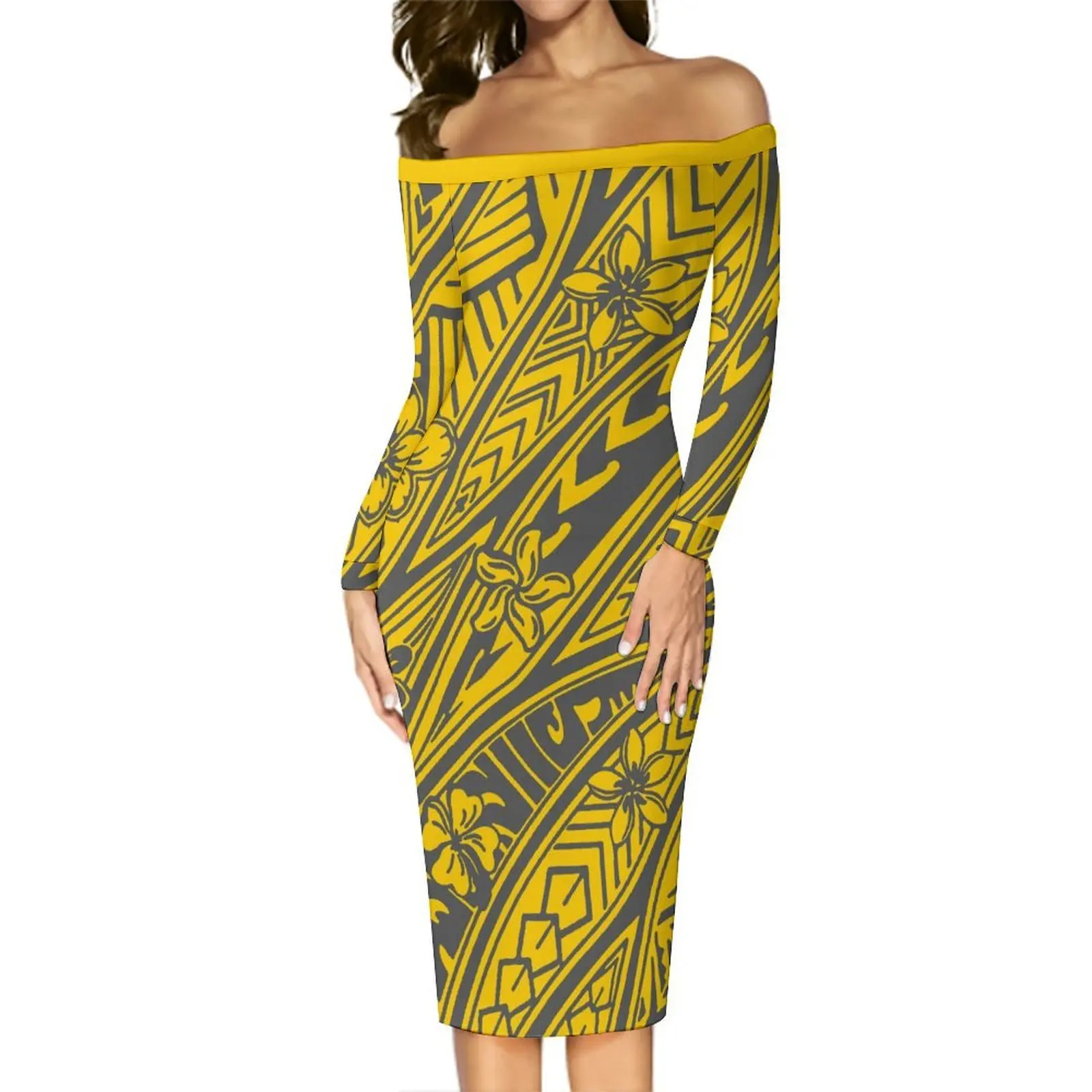 البولينيزية واحدة الكتف فستان بأكمام طويلة التخسيس ومثير جزيرة القبلية نمط مطبوعة المرأة فستان طويل للخريف